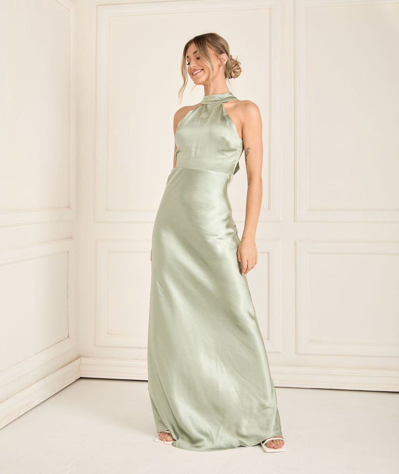 Halter Neck Satin Bridesmaid Dress - Sage