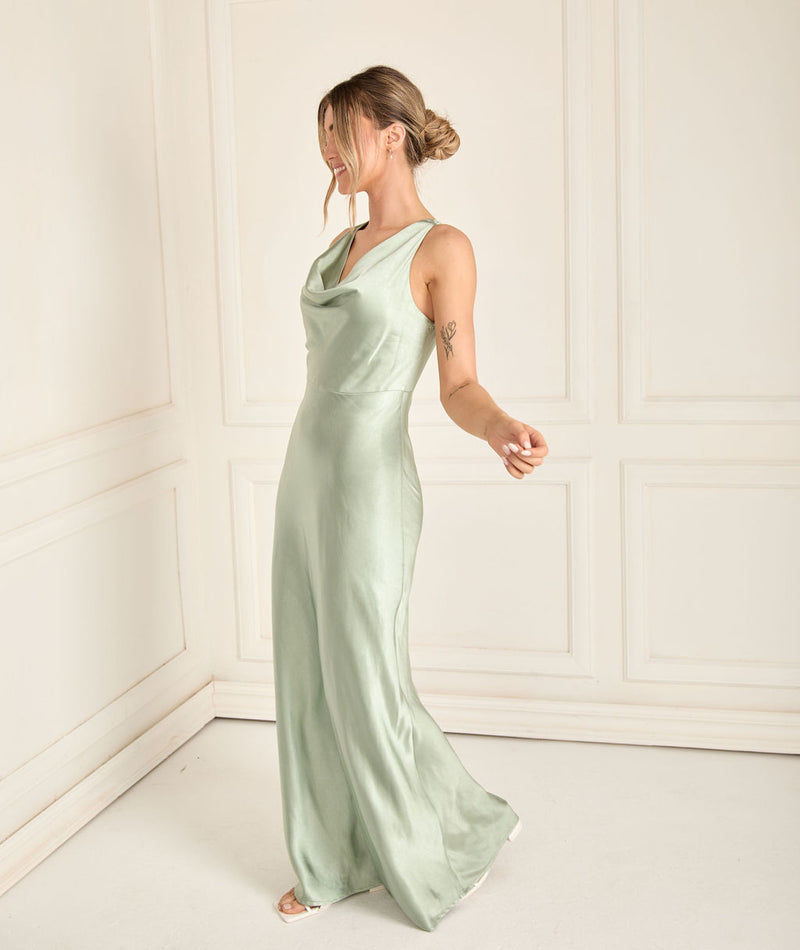 Cowl Front Satin Bridesmaid Dress - Sage