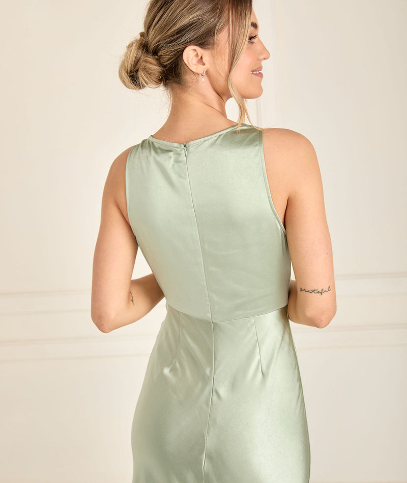 Cowl Front Satin Bridesmaid Dress - Sage