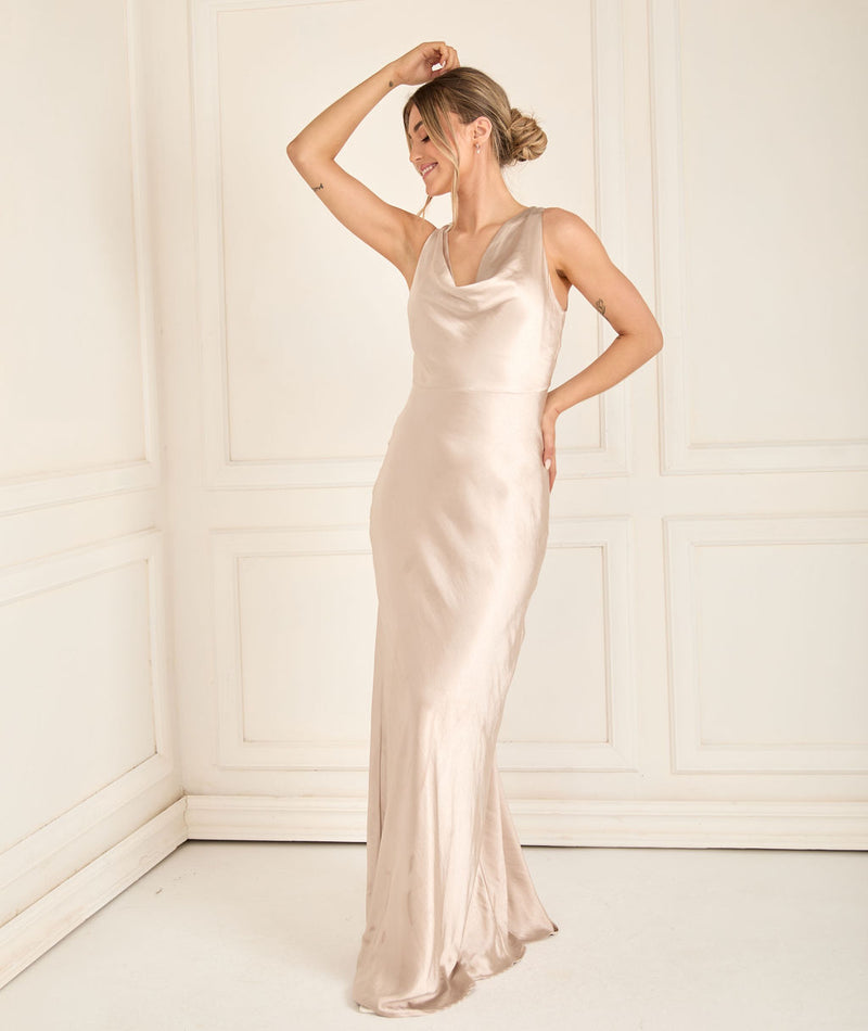 Cowl Front Satin Bridesmaid Dress - Oyster